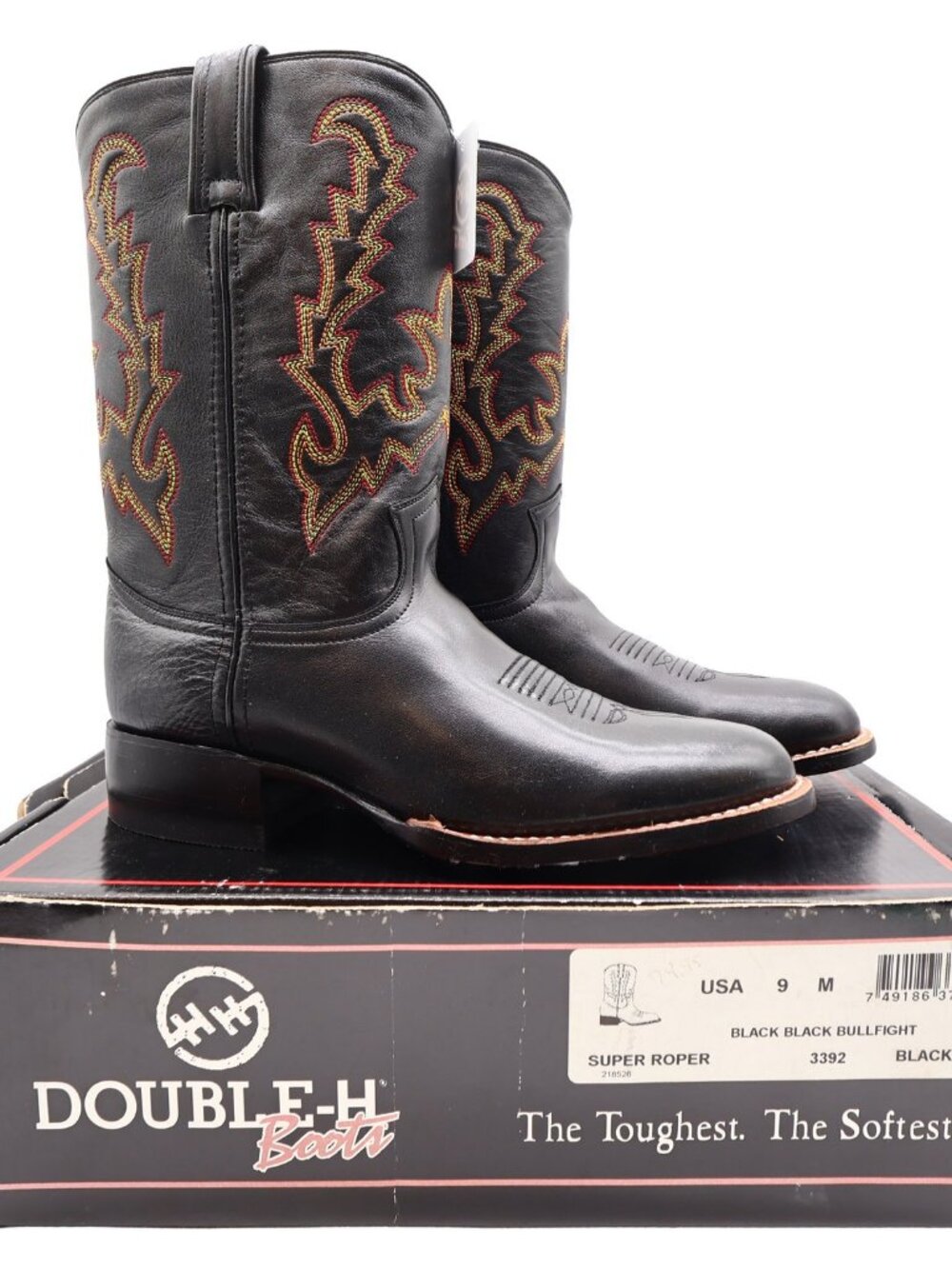Vintage Double-H Boots Mens 9 M Black Bullfight Leather Super Roper Boots 3392 N